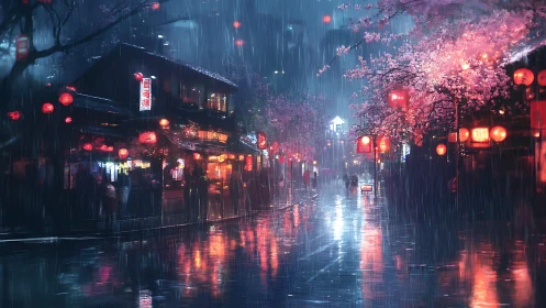 Night street scene records wet reflections and lantern light