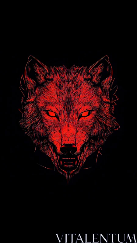 Red line-art wolf head on black background, frontal view.