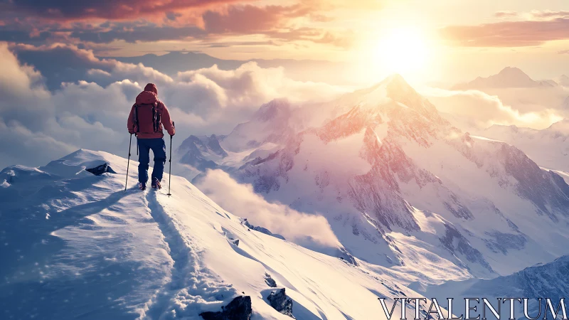 Solitary summit trekker bathing in molten sunrise glow.