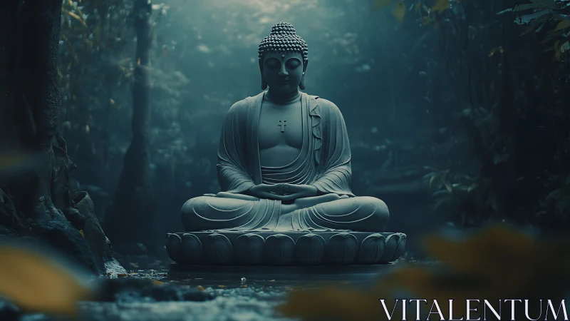 Serene Buddha statue meditates in misty twilight forest