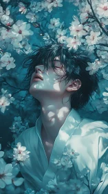 Moonlit dreamer adrift in a storm of whispering blossoms.