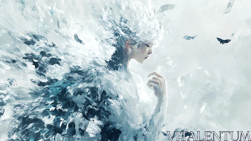 Ethereal female figure dissolves into dynamic icy brushstrokes