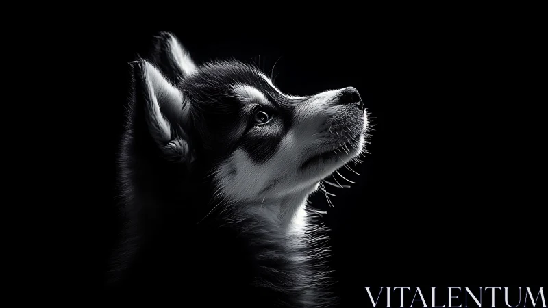 Softly lit husky puppy gazing upward with quiet wonder.