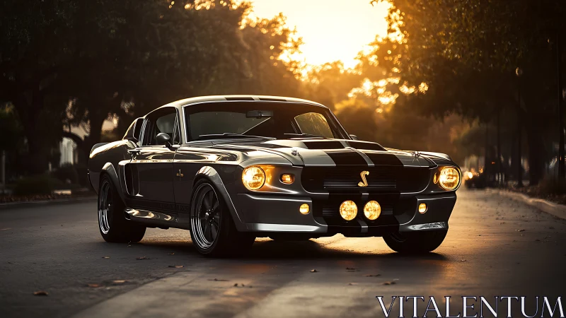 Restored Shelby fastback under warm backlit sunset with active halogen lamps