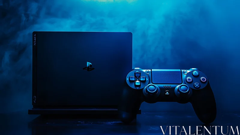 PlayStation console and controller under blue vapor glow.