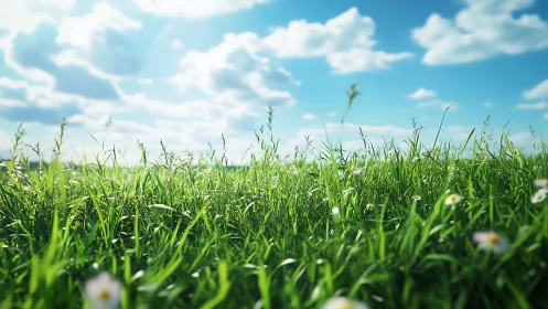Sunlit meadow whispers upward beneath drifting cotton clouds