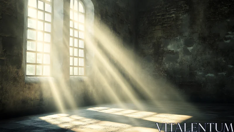 Sunlit dust beams pierce abandoned stone hall interior.