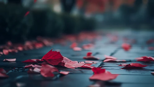 Crimson autumn leaves scattered on glossy stone path.