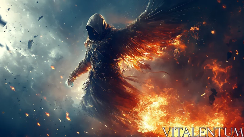 Fallen angel strides through fire and storm in fierce silence