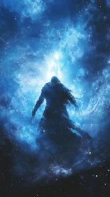 Starlit wraith strides upward through a roaring blue nebula