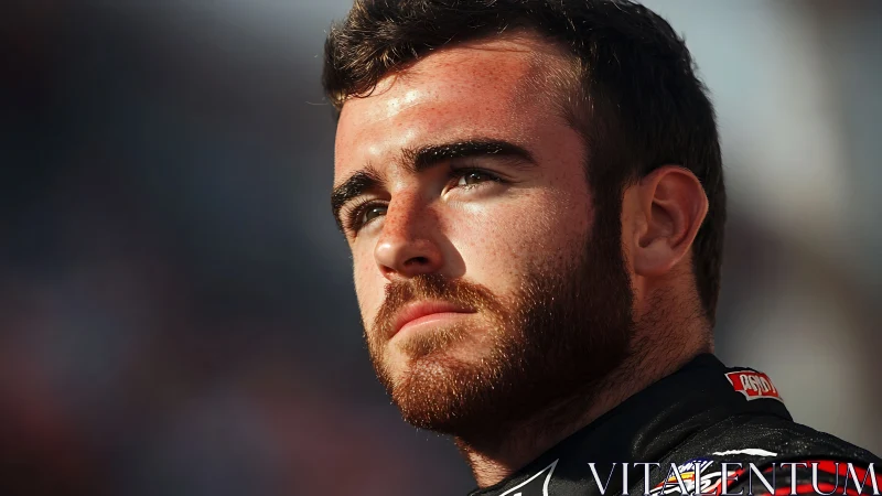 Sunlit close-up portrait isolates focused young racer&rsquo;s face