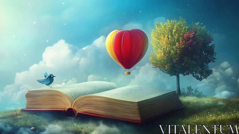 Surreal digital painting of open storybook with heart balloon.