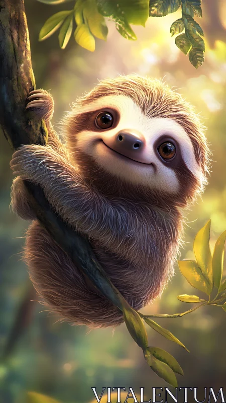 Hyperreal juvenile sloth rendered with volumetric forest lighting.