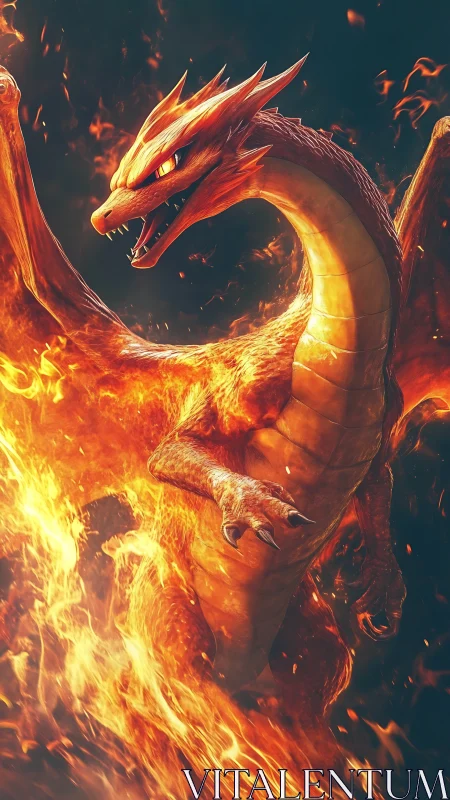 Infernal fire dragon roars amid swirling blazing flames.
