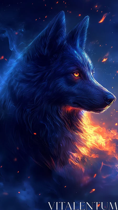 Elemental wolf portrait with blue fur and flame aura.