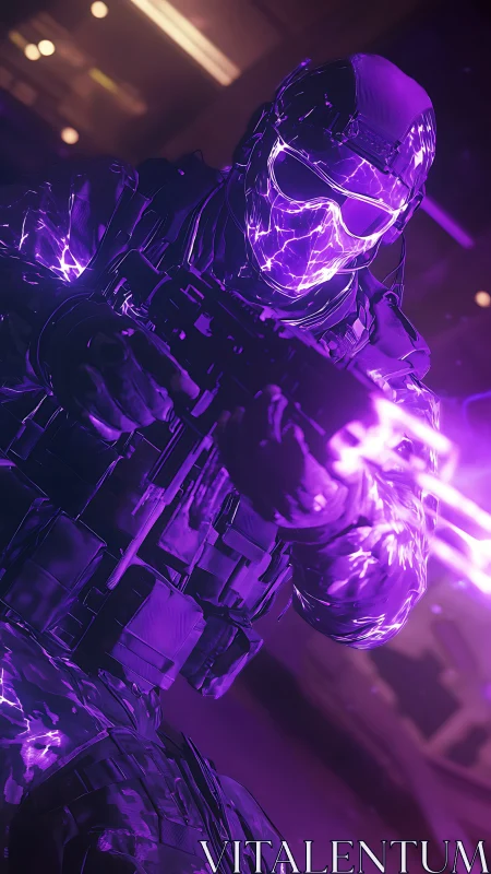 Neon-charged cyber soldier unleashing purple energy fire.