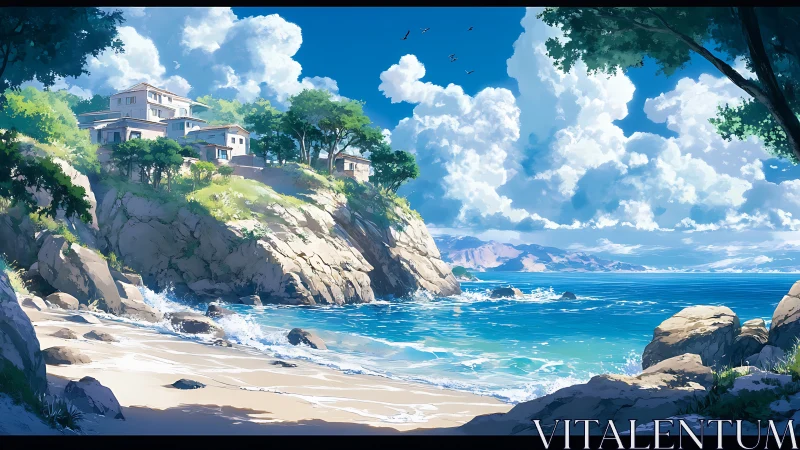 Clifftop villas overlook sunlit turquoise cove and surf