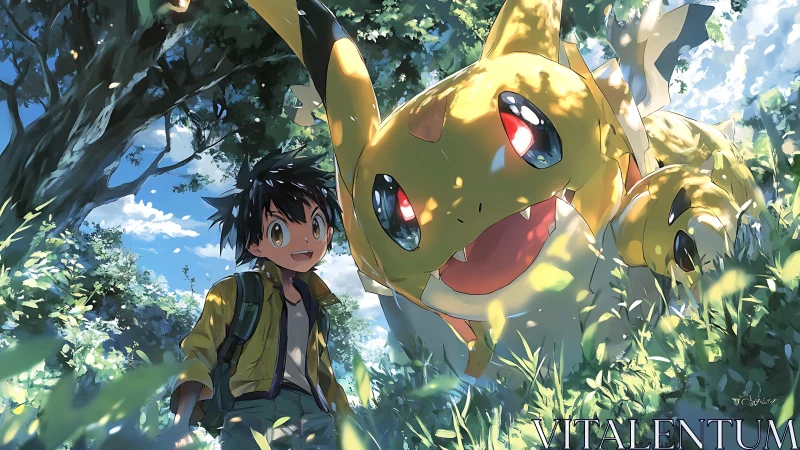 Sunny forest adventure with boy and friendly dragon companion.