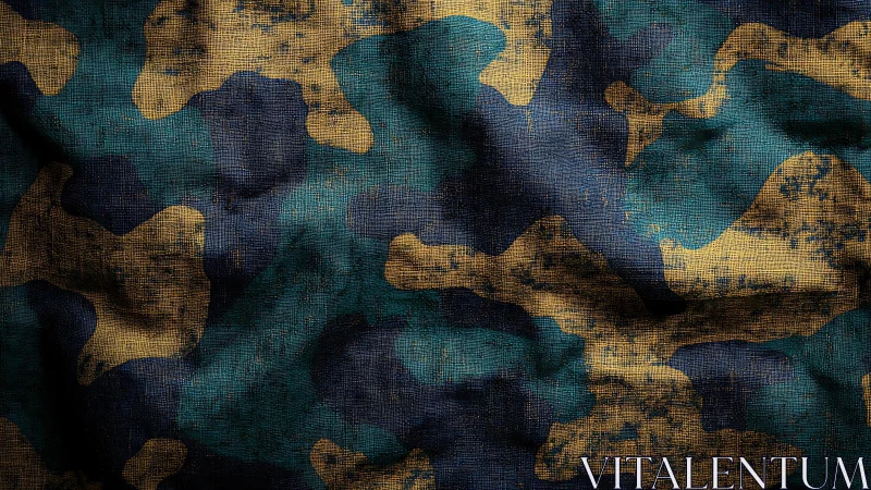 Textured blue and brown camouflage fabric pattern background.