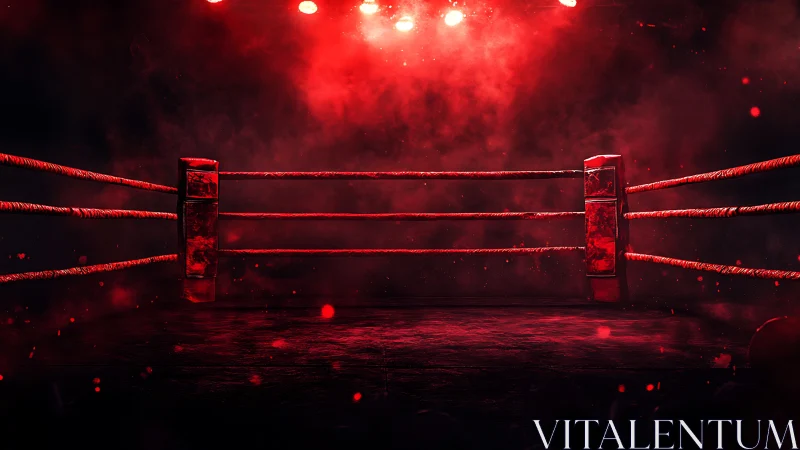 Empty Boxing Ring with Red Atmospheric Lighting and Stage Equipment