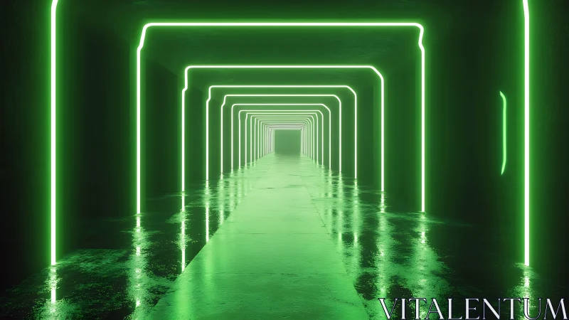 Neon green tunnel corridor extends toward distant vanishing point