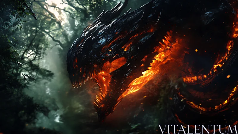 Molten shadow dragon bursts from a misted jungle abyss