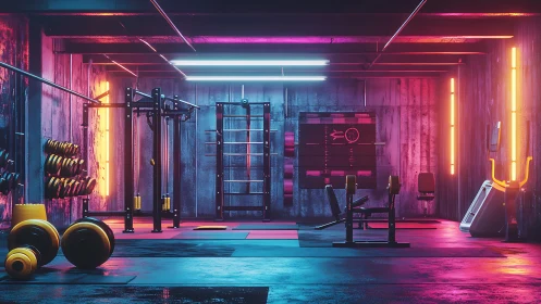 Neon-lit industrial gym interior with futuristic strength rigs.