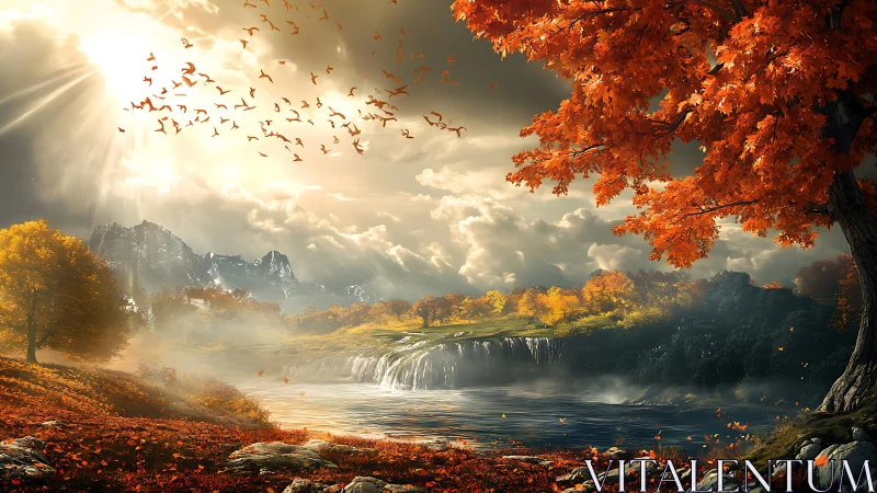 Sunlit autumn valley and waterfall are rendered in detail