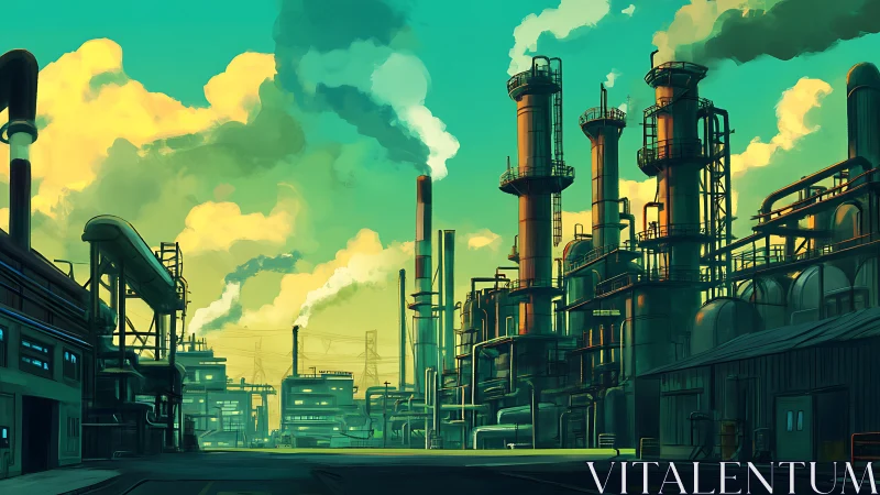 Industrial refinery skyline glows beneath toxic teal skies