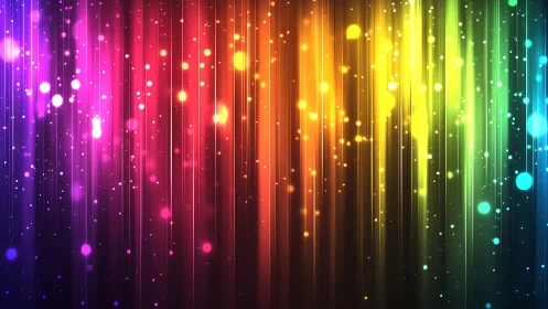 Vertical neon spectrum streaks fall across glowing bokeh field