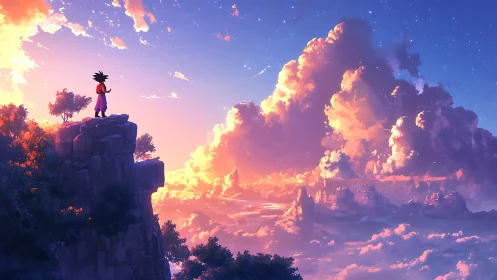 Warrior surveys glowing cloud kingdoms at sunset sky