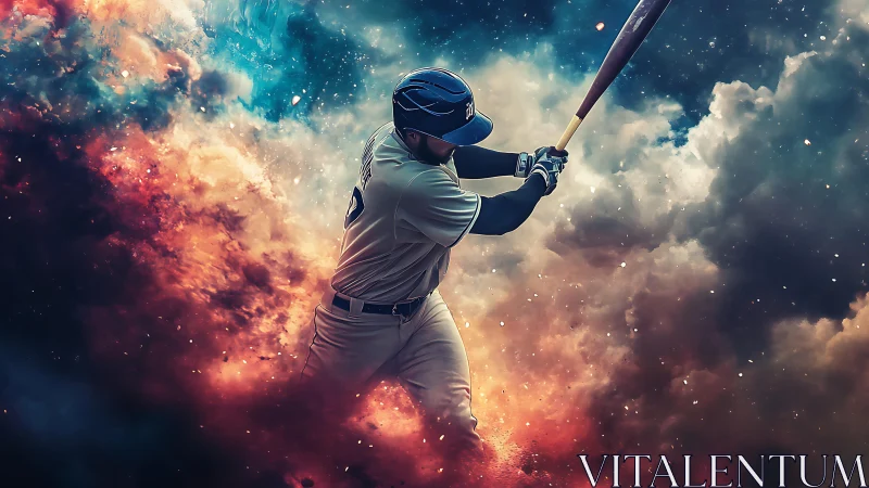 Baseball batter swings through cosmic clouds of color.