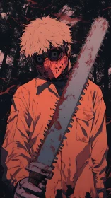 Masked killer grips bloodstained chainsaw in dark forest