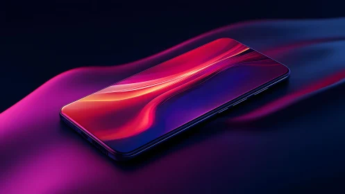 Sleek modern smartphone with vibrant abstract screen on neon surface.