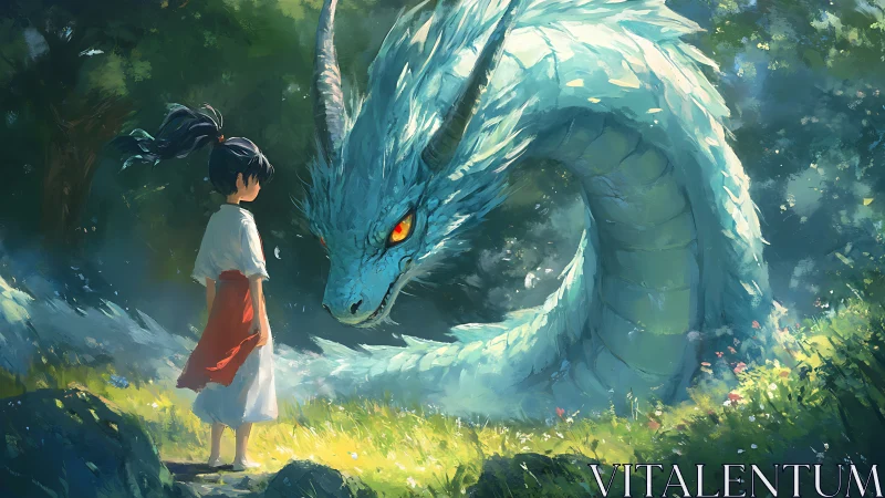 Young robed child confronting coiled azure forest dragon