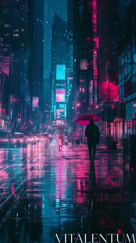 Solitary figure walks under umbrella on neon city street