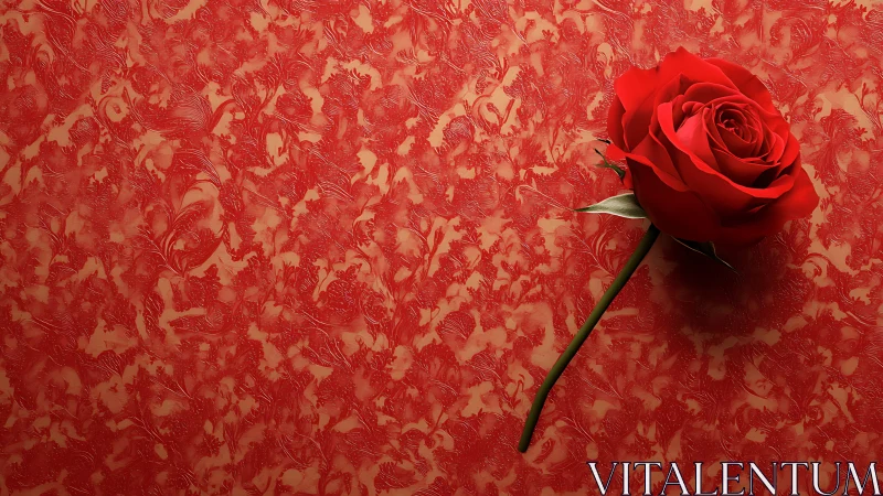 Red Rose Against Damask Pattern Background.