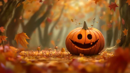 Carved pumpkin sits on leaf-covered forest floor in autumn