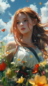 Wind-swept redhead gazes across a sunlit wildflower field.