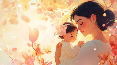 Mother holding sleeping baby in warm floral embrace.