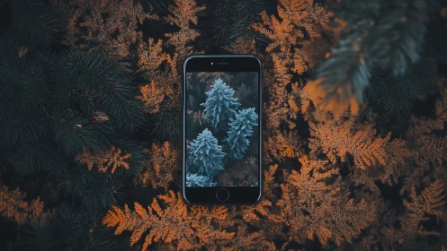 Smartphone frames frosted firs amid warm autumn foliage.