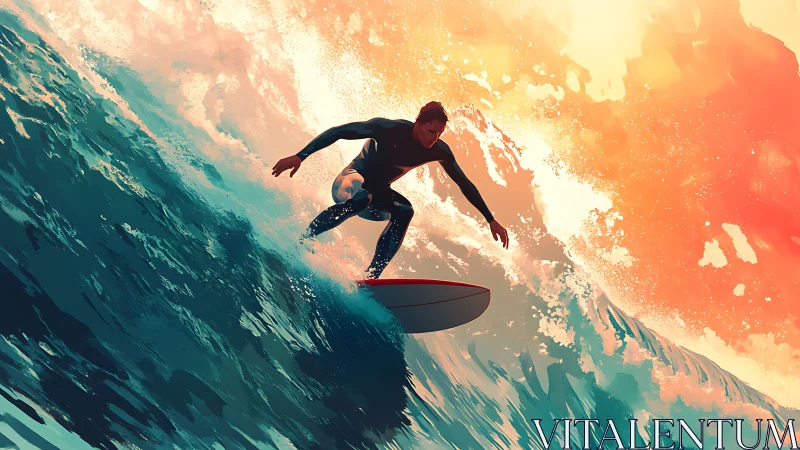 Surfer in wetsuit riding large ocean wave at sunset light.