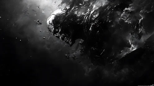 Metallic skull-like entity emerges from swirling darkness