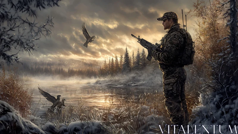Soldier observing river wildlife in winter forest landscape.