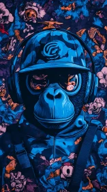 Headphoned primate portrait in patterned urban attire.