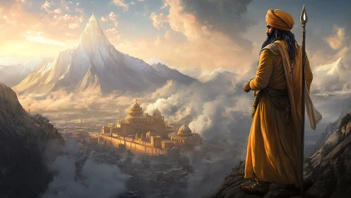 Guardian of the Golden Mountain City at Sunrise.