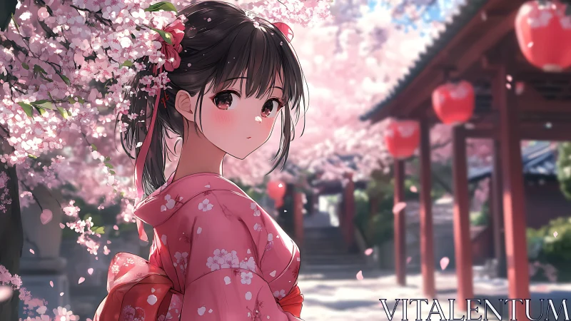 Blossom-kissed girl in pink kimono under lantern-lit spring.