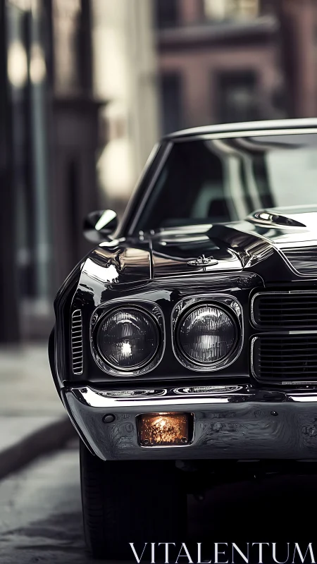 Front detail of vintage black muscle car on city street.