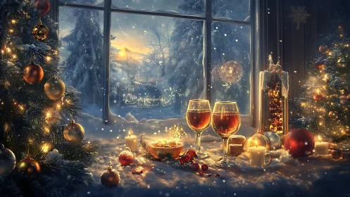 Festive winter table with glowing candles and mulled wine.