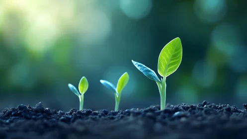 Three seedlings are aligned in soil under diffuse green light